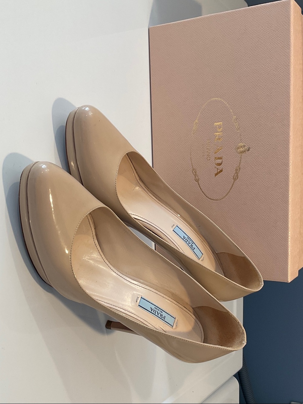 Prada Beige Patent Leather Platform Pumps